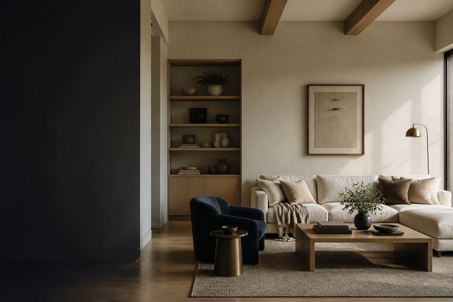 Conceptual living room design plan with warm ivory, oak and navy details