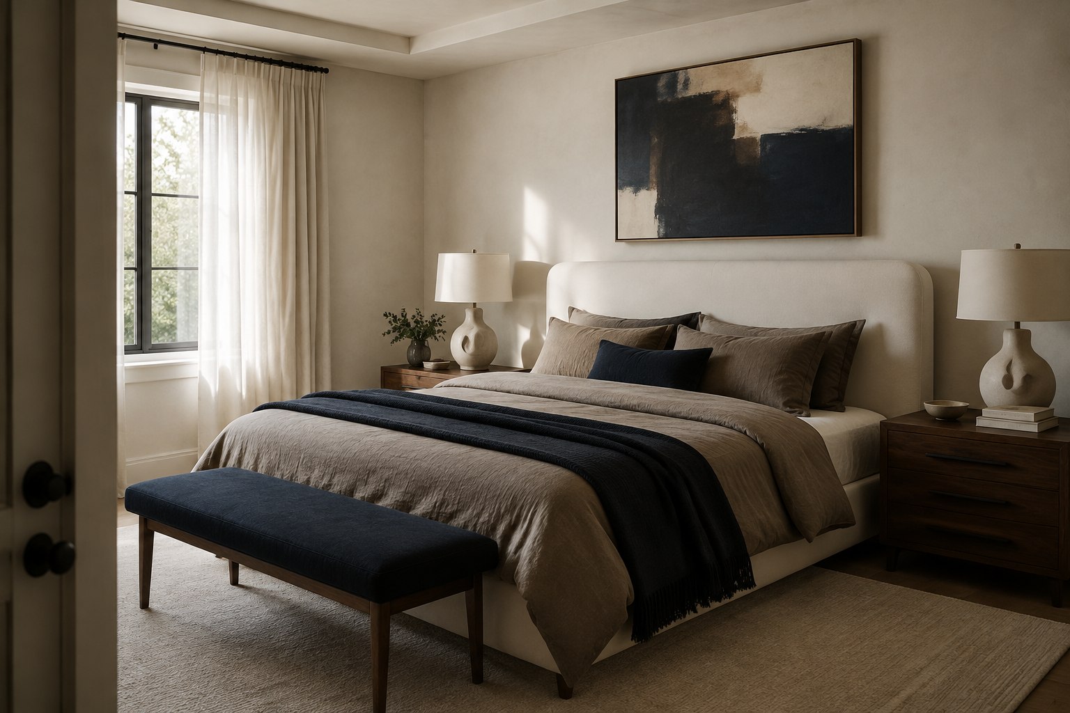 Serene bedroom with layered taupe textiles, walnut furniture and navy accents