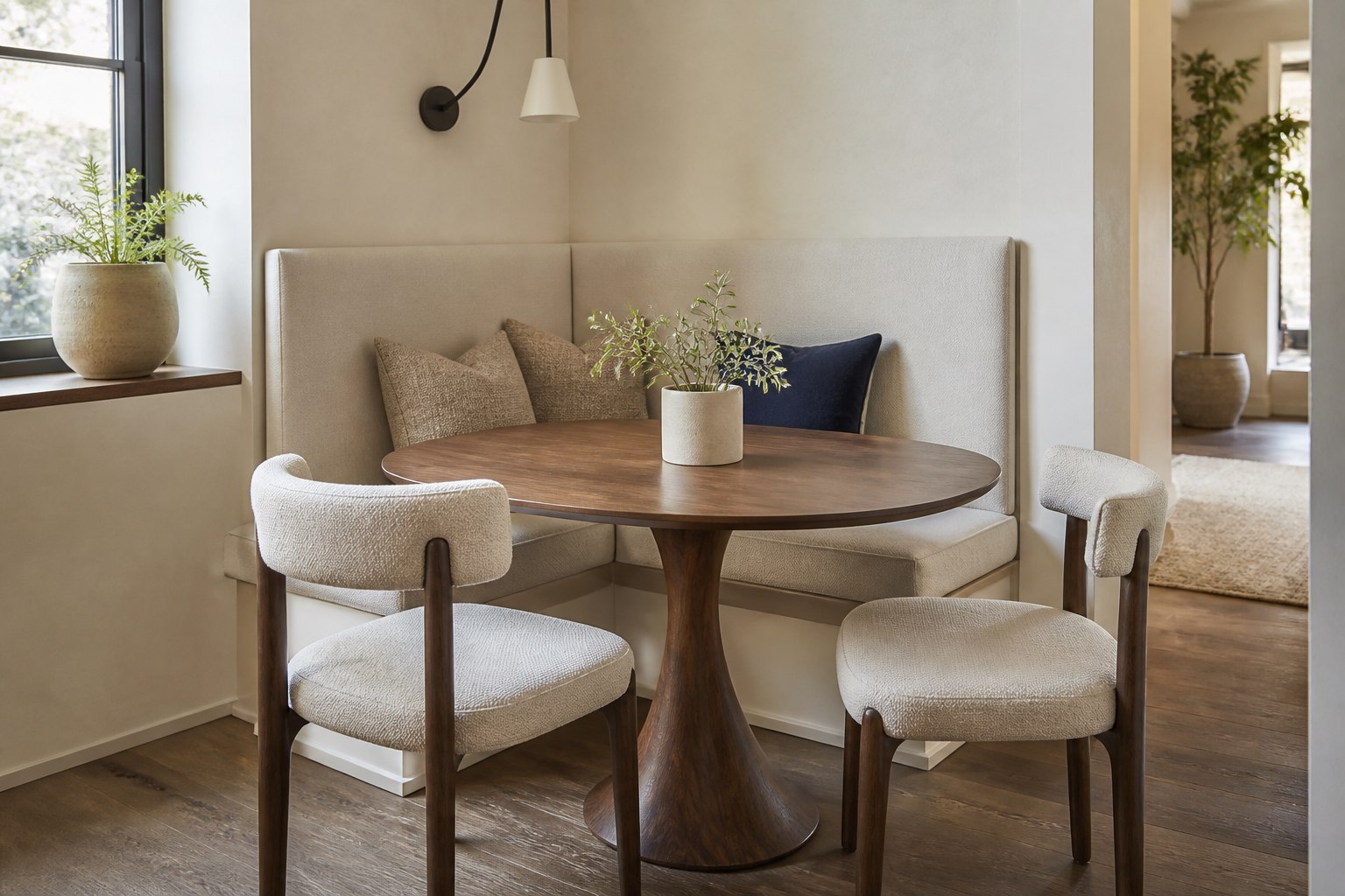 Compact breakfast nook with ivory banquette, walnut table and navy accent cushion