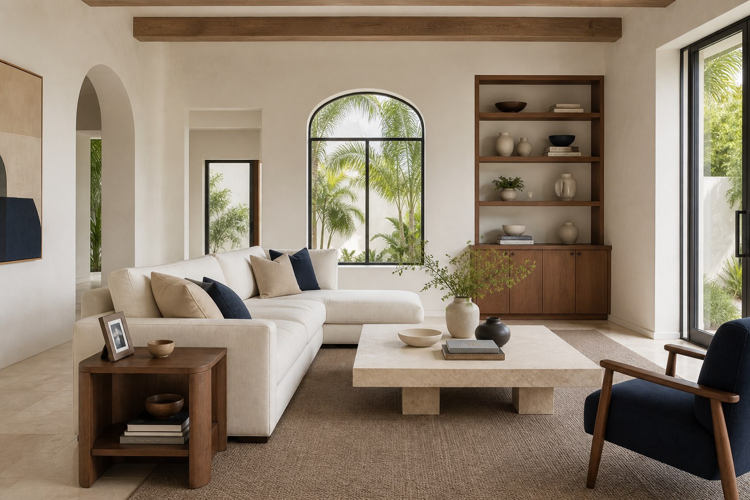 Warm contemporary living room in ivory, taupe, walnut and navy