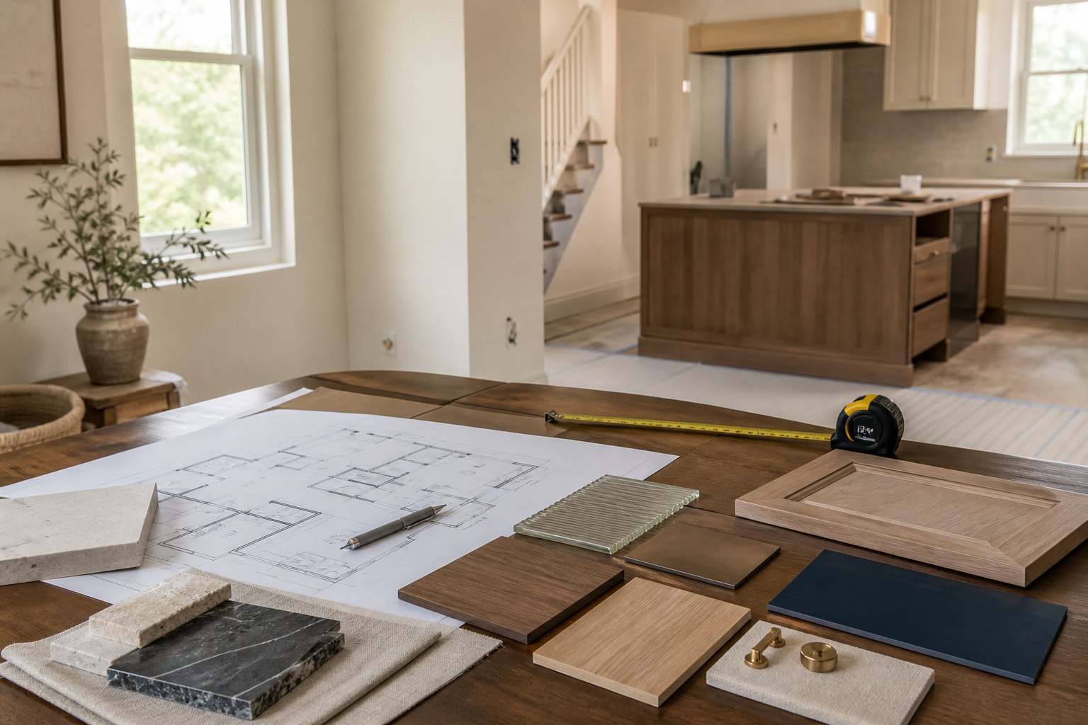 Interior remodeling plan with floor plan, material samples and cabinet finishes