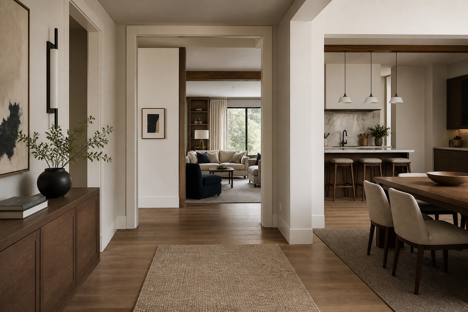 Coordinated whole-home view connecting living, dining and kitchen spaces