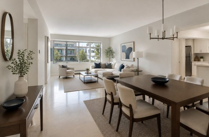 Market-ready open living and dining room with clear circulation and neutral styling