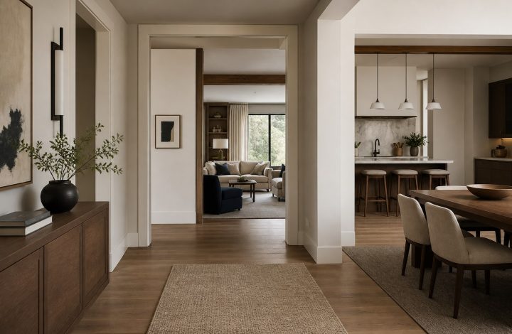 Coordinated whole-home view connecting living, dining and kitchen spaces